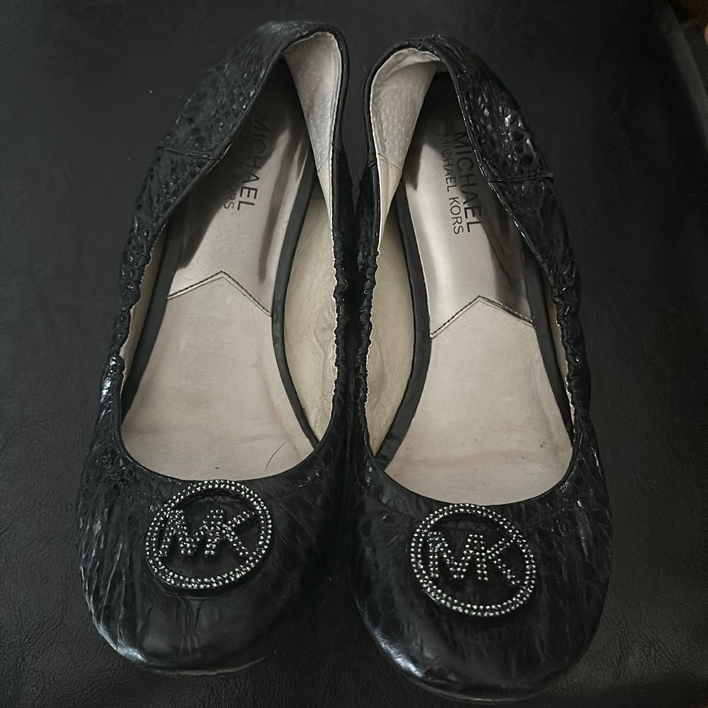 Michael Kors Black patent snake skin ballet flats with rhinestones